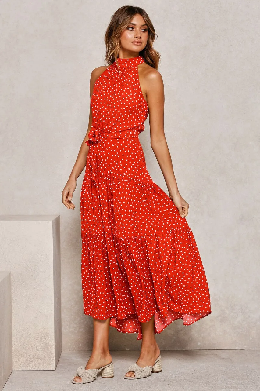 Summer Long Polka Dot Casual Sexy Halter Strapless Yellow Sundress