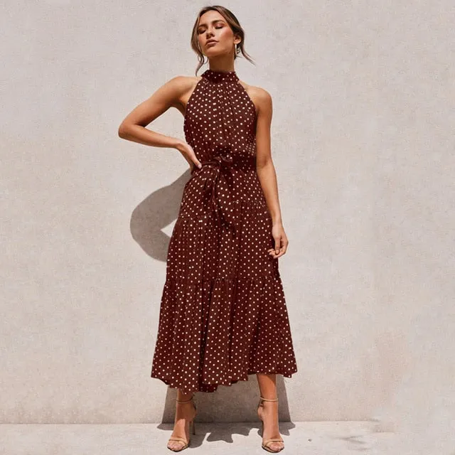 Summer Long Polka Dot Casual Sexy Halter Strapless Yellow Sundress