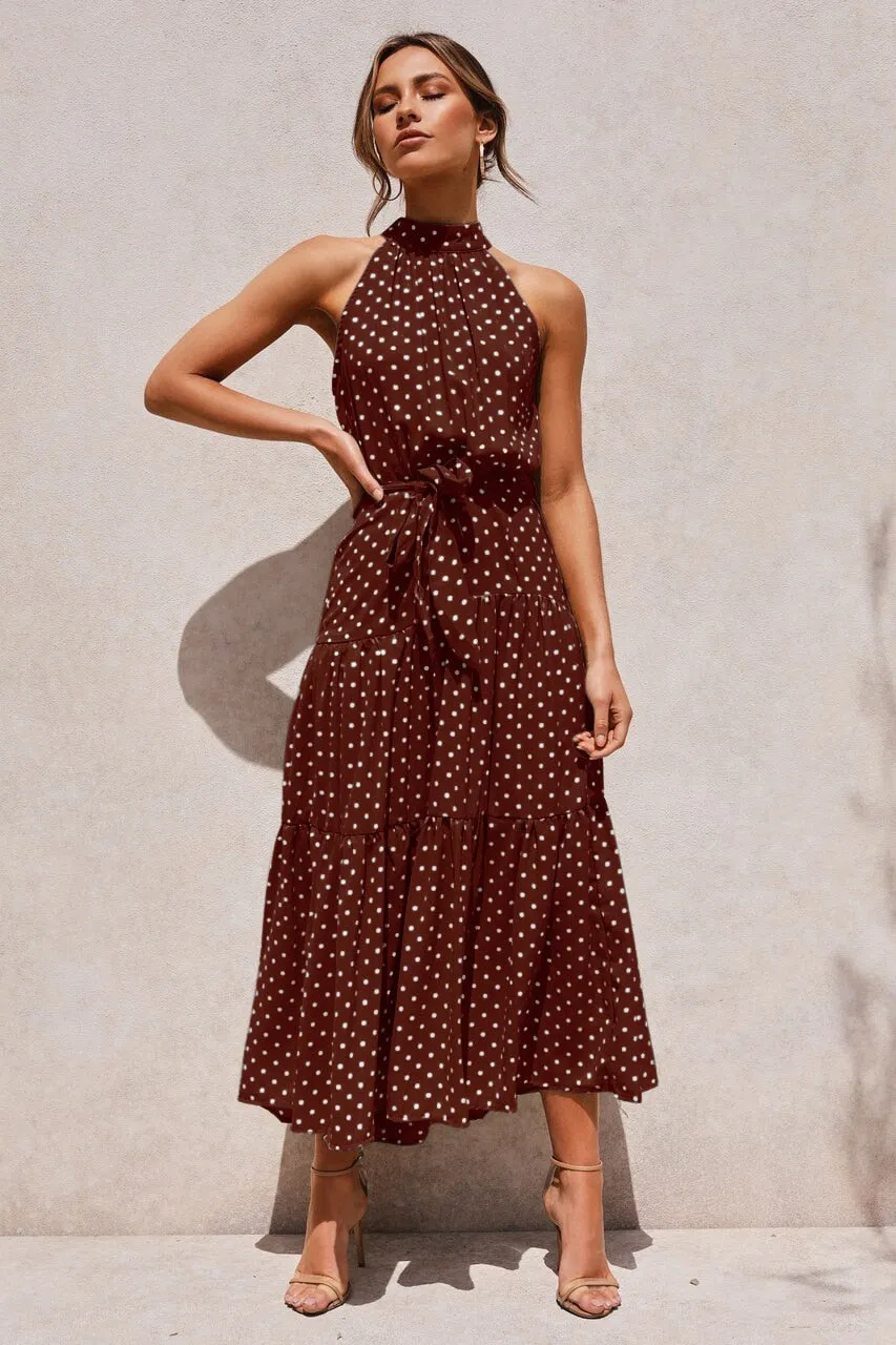 Summer Long Polka Dot Casual Sexy Halter Strapless Yellow Sundress