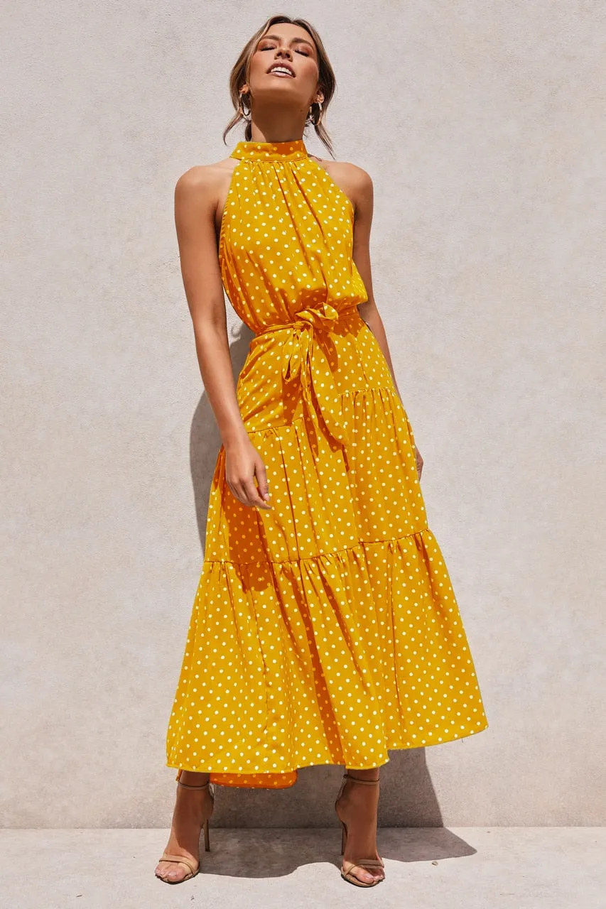 Summer Long Polka Dot Casual Sexy Halter Strapless Yellow Sundress