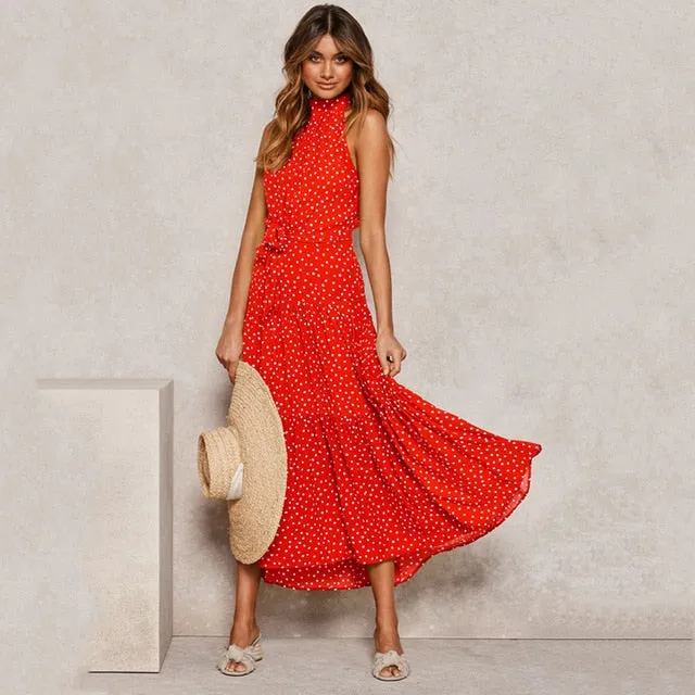Summer Long Polka Dot Casual Sexy Halter Strapless Yellow Sundress