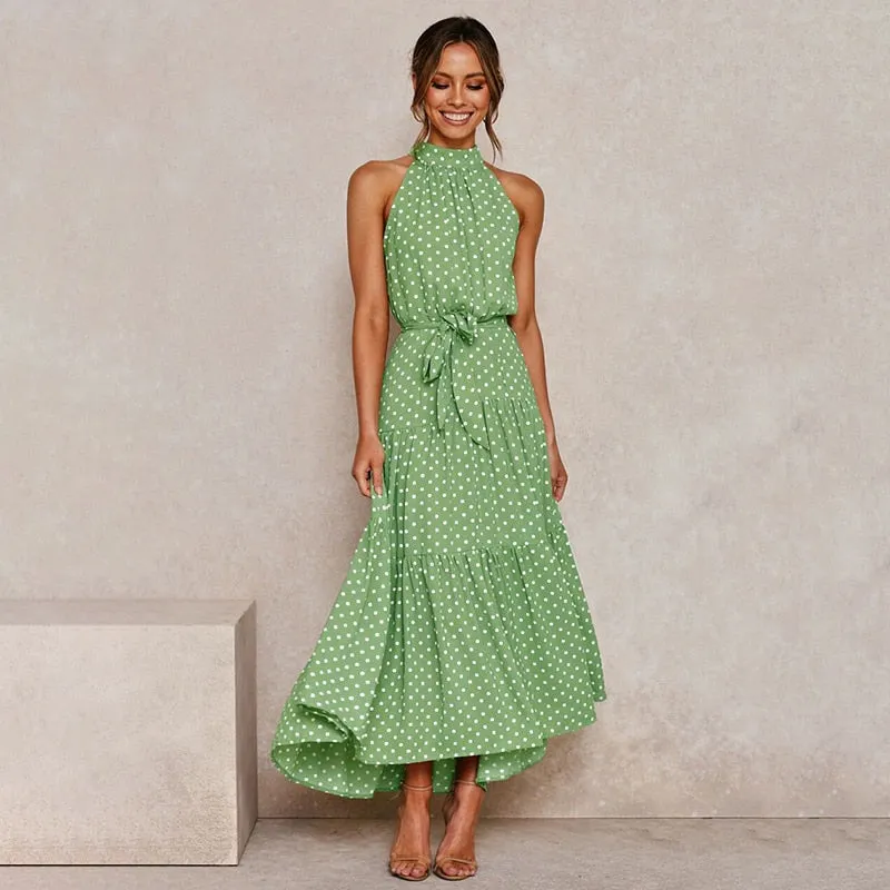 Summer Long Polka Dot Casual Sexy Halter Strapless Yellow Sundress