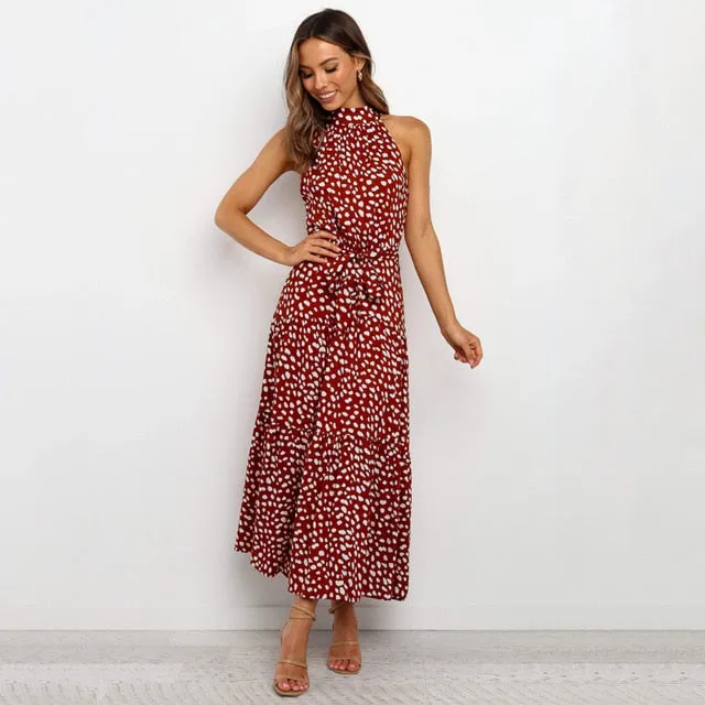 Summer Long Polka Dot Casual Sexy Halter Strapless Yellow Sundress