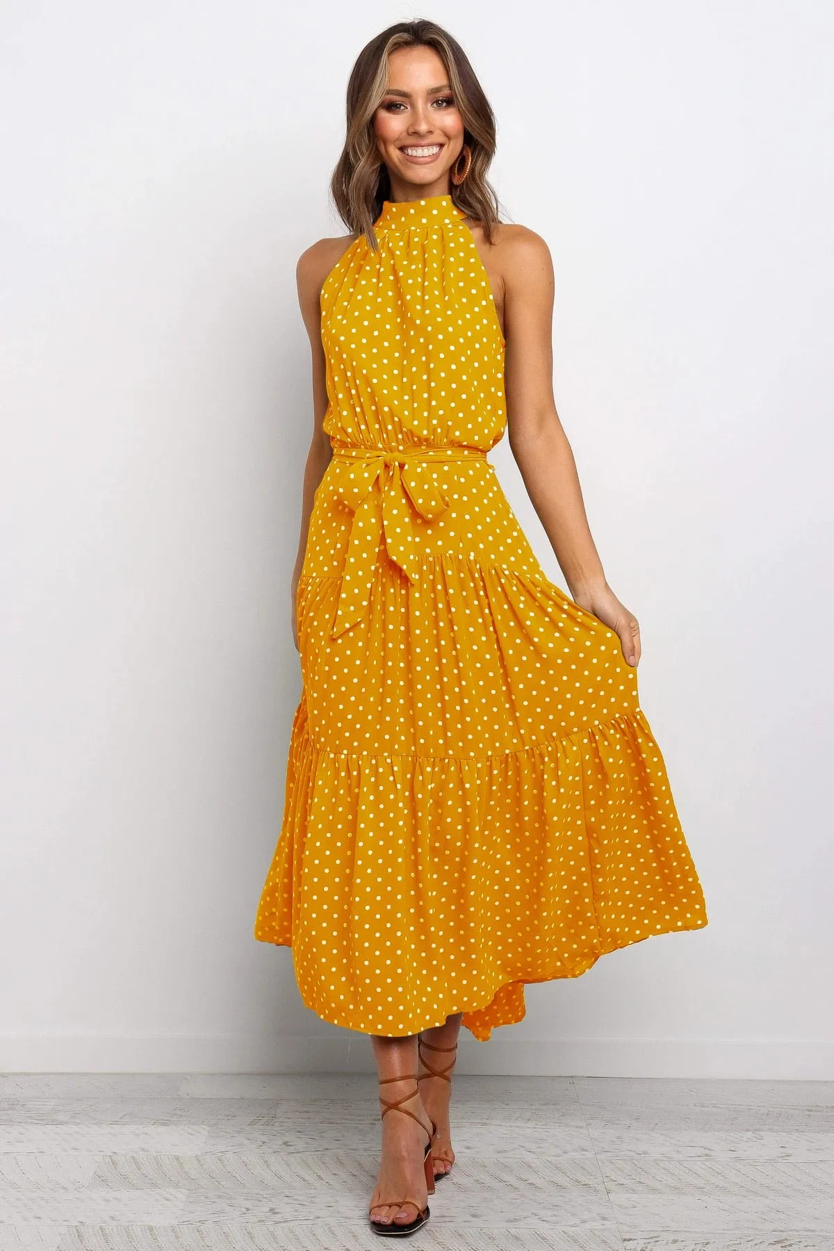 Summer Long Polka Dot Casual Sexy Halter Strapless Yellow Sundress