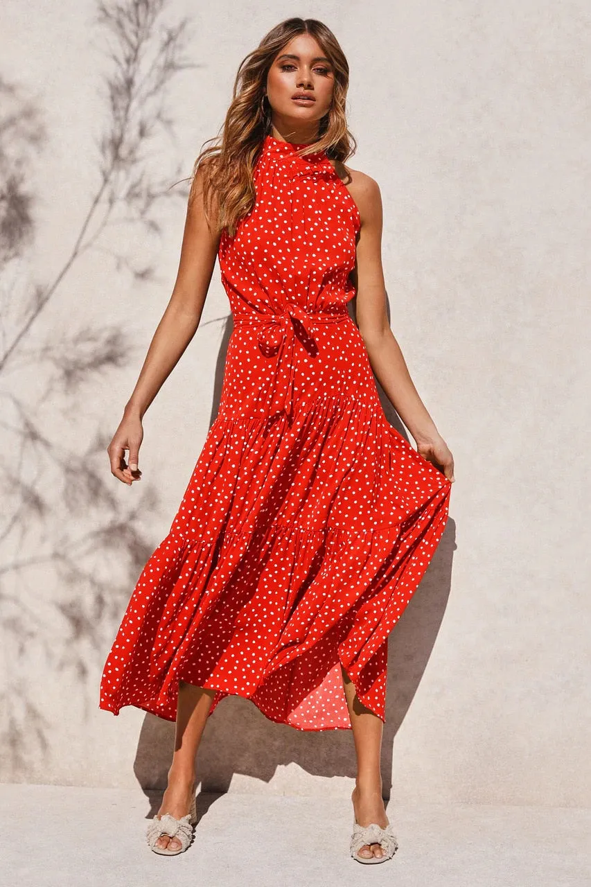 Summer Long Polka Dot Casual Sexy Halter Strapless Yellow Sundress