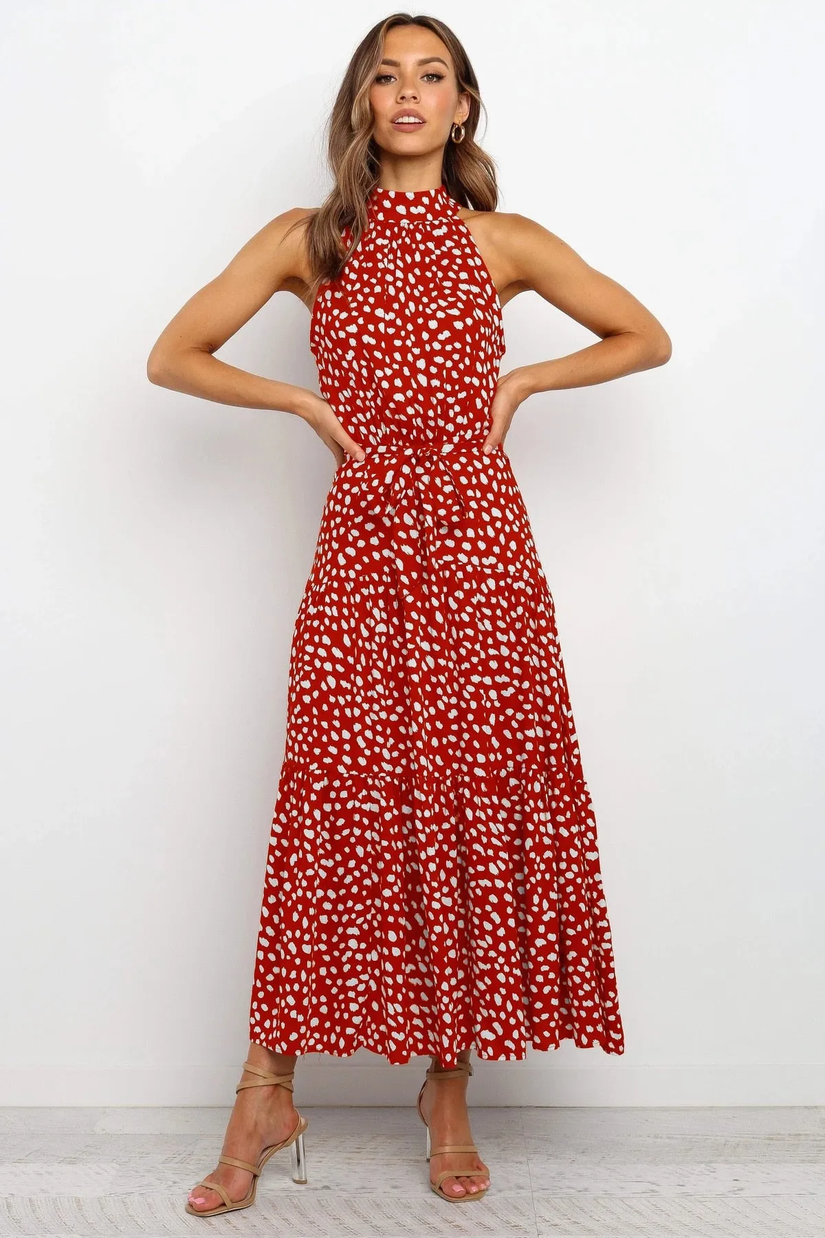 Summer Long Polka Dot Casual Sexy Halter Strapless Yellow Sundress