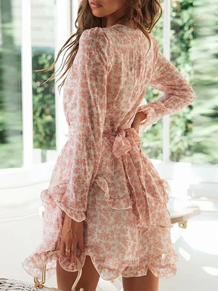 Sweet Pink Floral Print Short Chiffon Dress