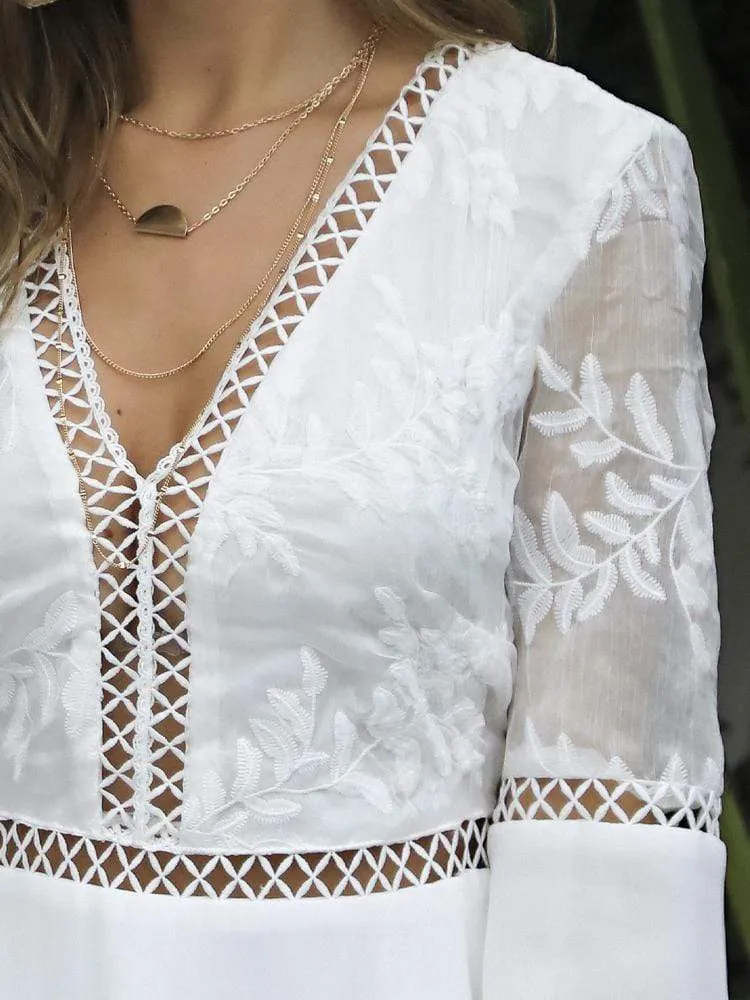White Chiffon Long Sleeve A-Line Short Dress
