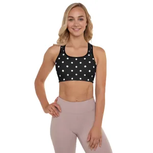 White Dots Padded Sports Bra, Black White Polka Dots Pattern Classic Fitness Gym Bra-Made in USA/EU
