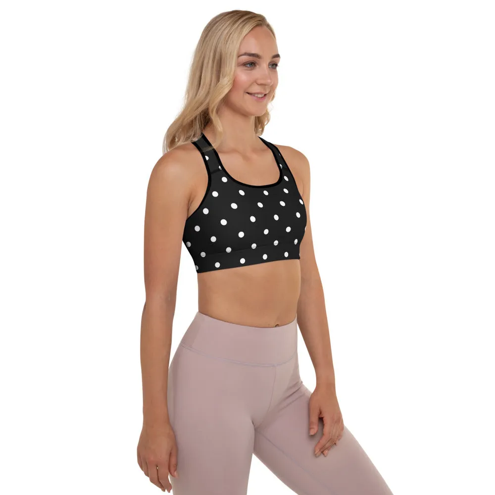 White Dots Padded Sports Bra, Black White Polka Dots Pattern Classic Fitness Gym Bra-Made in USA/EU