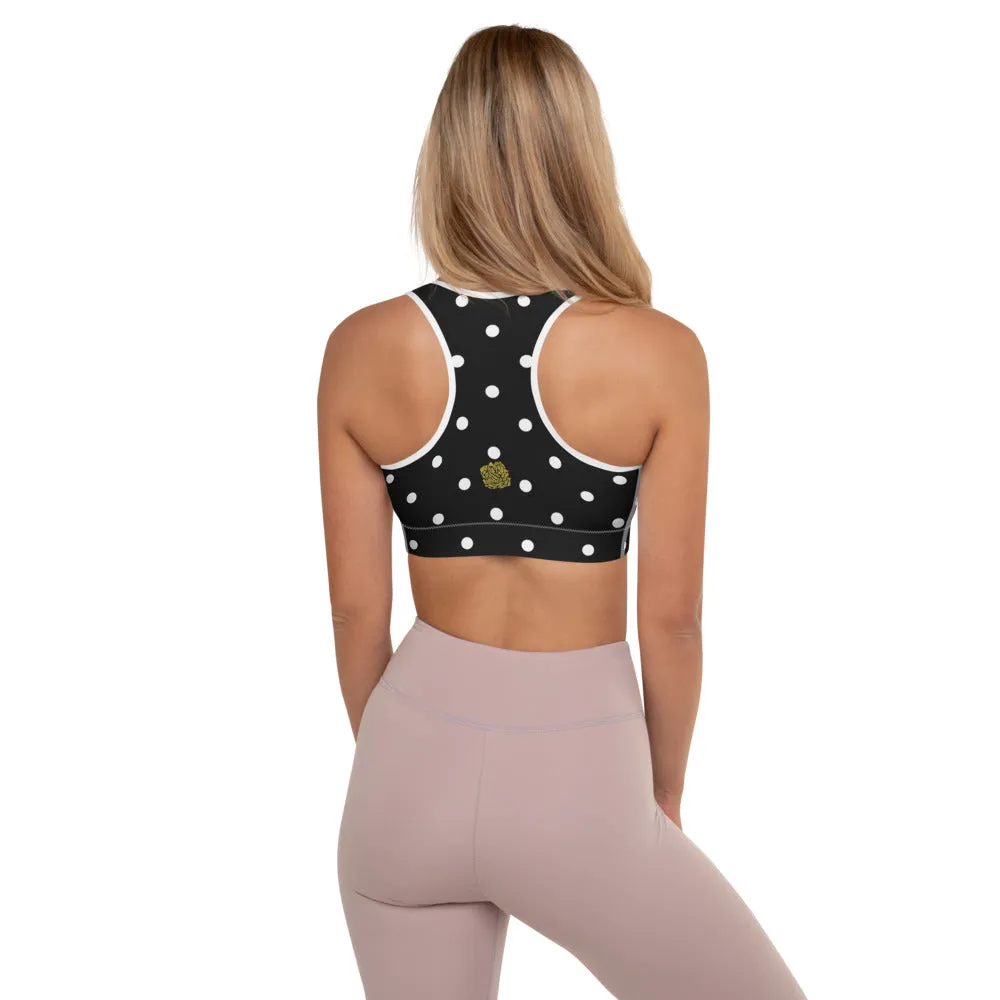 White Dots Padded Sports Bra, Black White Polka Dots Pattern Classic Fitness Gym Bra-Made in USA/EU