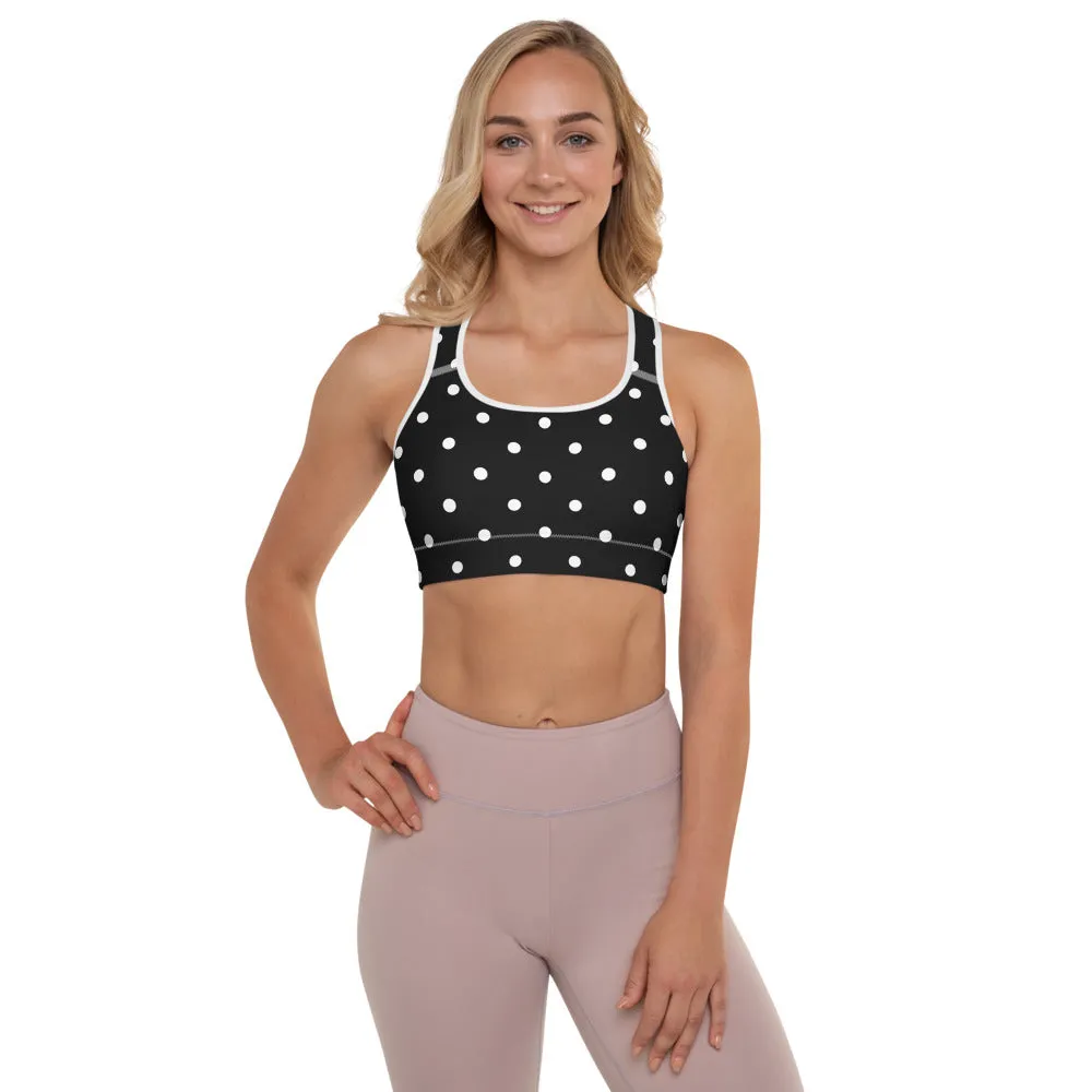 White Dots Padded Sports Bra, Black White Polka Dots Pattern Classic Fitness Gym Bra-Made in USA/EU