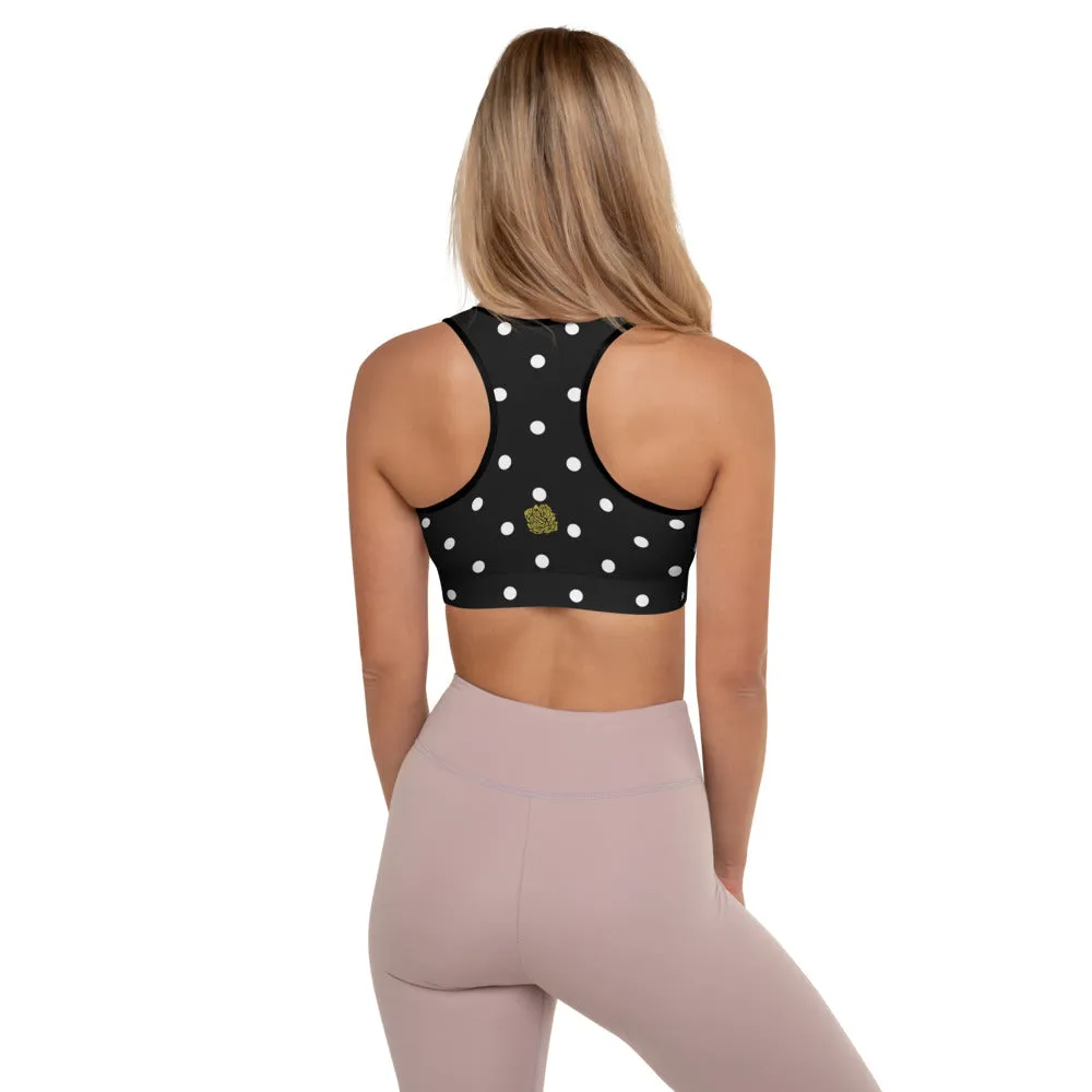 White Dots Padded Sports Bra, Black White Polka Dots Pattern Classic Fitness Gym Bra-Made in USA/EU