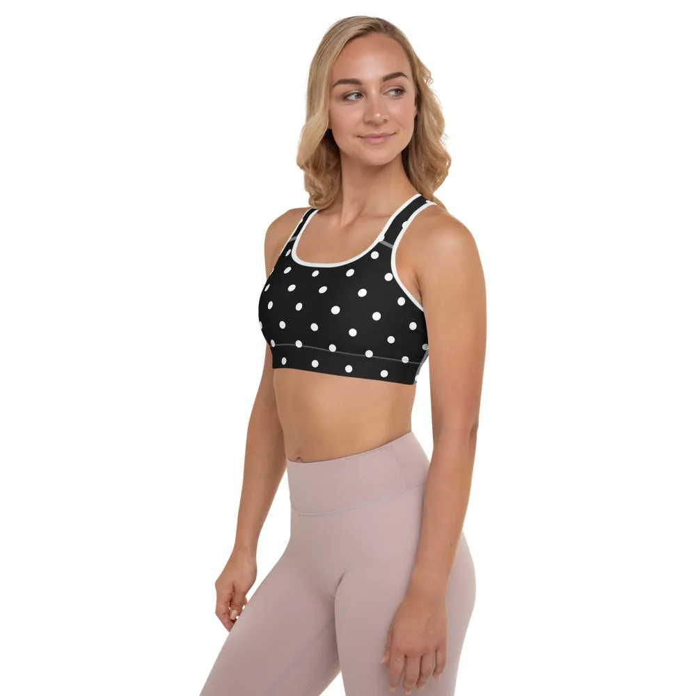 White Dots Padded Sports Bra, Black White Polka Dots Pattern Classic Fitness Gym Bra-Made in USA/EU