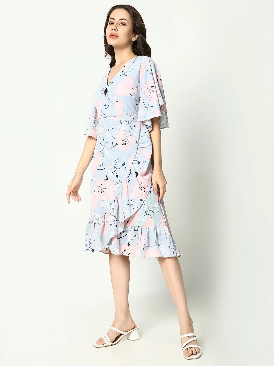 Women's Grey Printed Wrap Dress