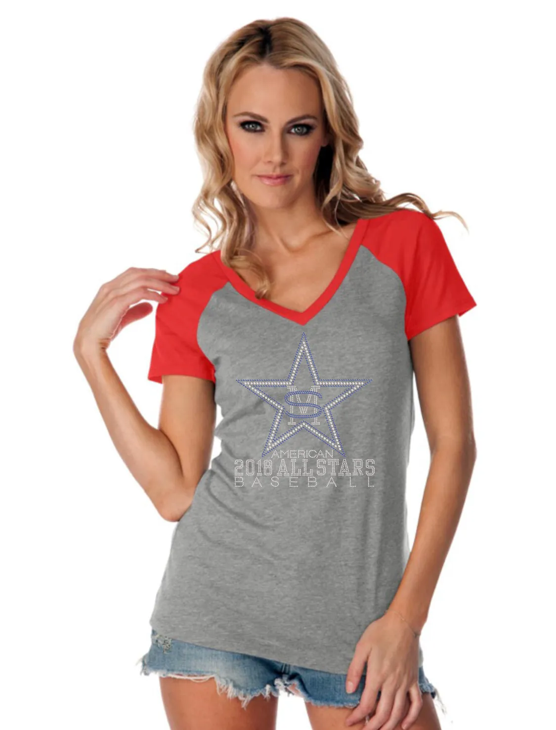 Womens Jersey Contrast V Neck Raglan Short Sleeve Tee-smas