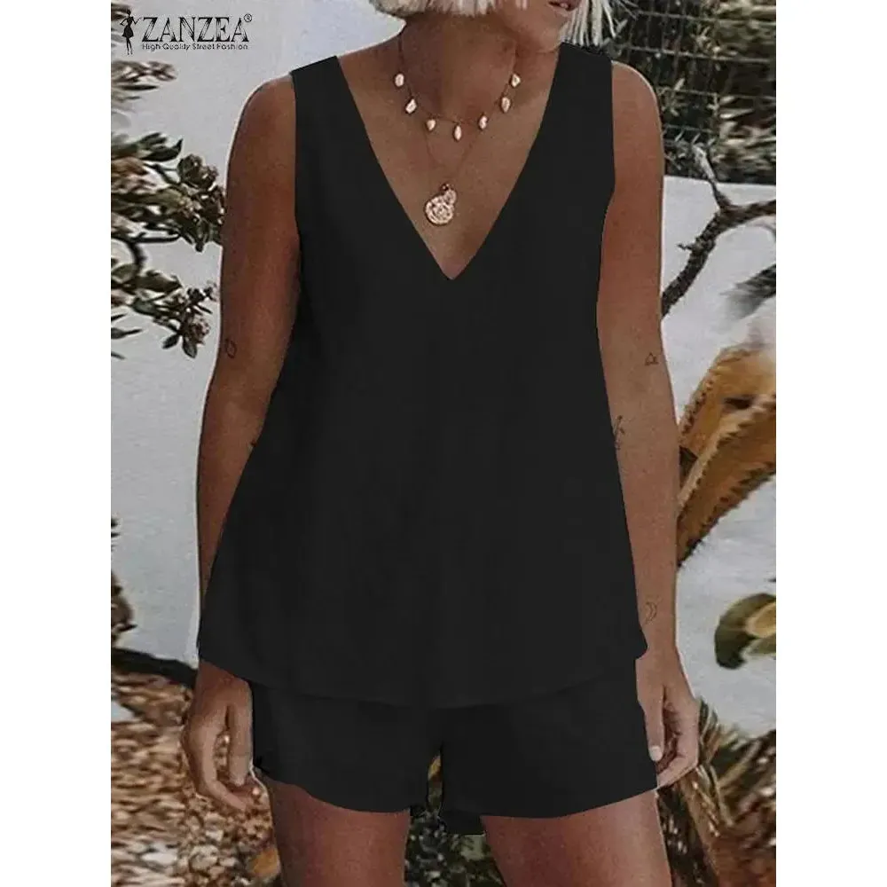 Women's Matching Set 2Pcs Loose Sleeveless V Neck Tank Tops And Shorts Beachwear Summer Suit