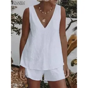 Women's Matching Set 2Pcs Loose Sleeveless V Neck Tank Tops And Shorts Beachwear Summer Suit