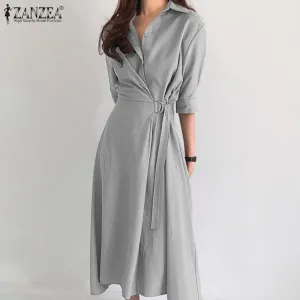 ZANZEA Waste Wrap Shirt Poly-Spandex Blend Plus Size Dress